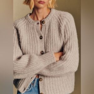 Sezane Alpaca Soft Ribbed Button-Front Cardigan in Light Beige Size XXL.